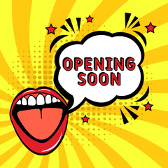 Opening Soon. Comic book explosion with text Opening Soon. Banner for business, marketing and advertising. Social Media banner. Vector bright cartoon illustration in retro pop art style. Creative post