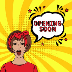 Opening Soon. Comic book explosion with text Opening Soon. Banner for business, marketing and advertising. Social Media banner. Vector bright cartoon illustration in retro pop art style. Creative post