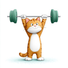 Cute cartoon cat is lifting a barbell with effort, he is very strong and wants to exercise to be in good shape.