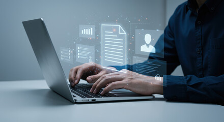 Virtual Document Management: A man in his 30s securely accesses digital data using innovative online information management technology for modern business tasks.