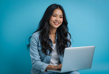Young Woman Using Laptop on Light Blue Background with Copy Space.  Generative AI