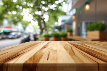 Empty Wooden Table Top In Front Of Outdoor Cafe
