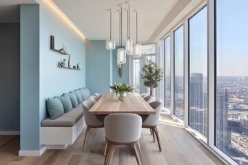 Fototapeta premium Modern dining area with panoramic city views.