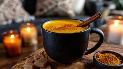Golden Turmeric Milk In A Mug With Cinnamon And Candles