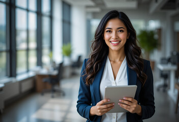 A young professional businesswoman standing in office, Confident Young Businesswoman Standing in Modern Office Environment. Generative AI