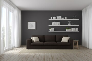 Contemporary living room with dark gray walls and a brown sofa.