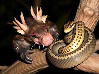 Detailed Wildlife Fantasy Hybrid Animal and Snake Friendship on a Branch