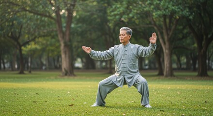 Elderly Man Practicing Tai Chi in Serene Outdoor Park Setting