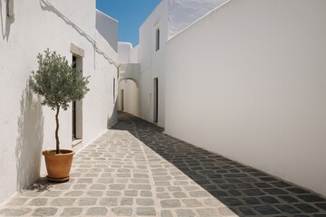 Serene mediterranean cobblestone alley with olive tree in a sunny whitewashed village