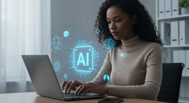 Virtual AI technology enhances productivity for a confident Black woman in her 20s at her modern home office, connecting and innovating.