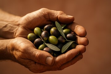 Hands gently cradling fresh olives against warm earthy background