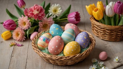Easter Basket with Colorful Eggs and Spring Flowers on Yellow Background

