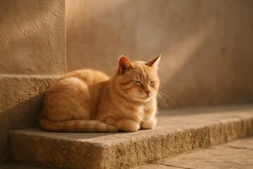 Sunlit cat relaxing on stone step in tranquil natural light setting