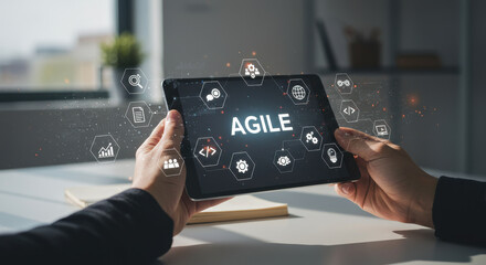 Agile project management using tablet for business growth, teamwork, and technology insights with one person analyzing data.