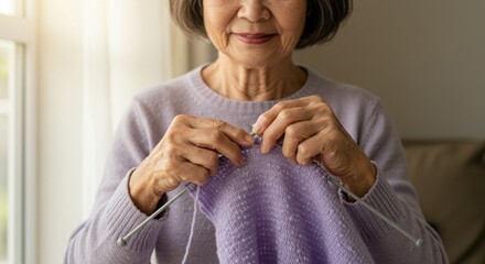 Elderly Woman Knitting Cozy Sweater at Home on a Sunny Day