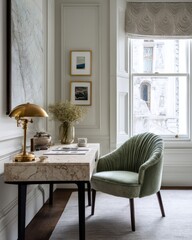 Fototapeta premium Light-filled study nook with a marble desk and a sage green chair.