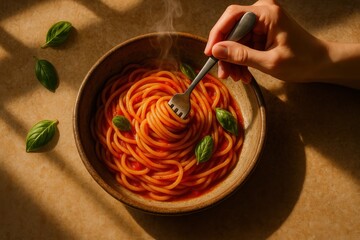 Spaghetti delight: simple and elegant pasta composition with fresh basil
