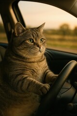 Cat driving adventure in a car interior at sunset
