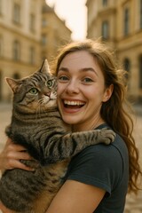 Joyful moment of woman hugging cat in sunlit urban setting