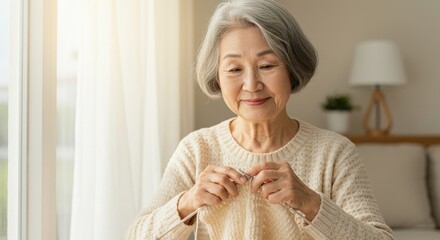 Elderly Woman Knitting in Cozy Indoor Space with Natural Light