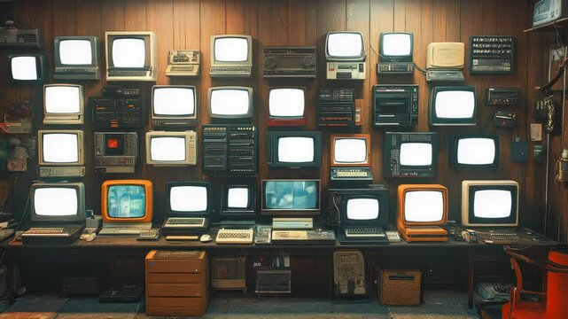 A cluttered, dimly lit retro computer lab filled with old monitors, keyboards, and vintage electronic equipment, exuding a cyberpunk aesthetic