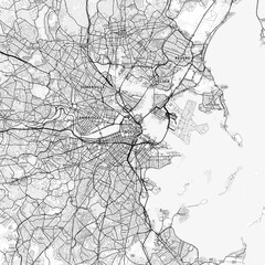 Boston Area Map with Labels and Neighborhoods - One color, minimalistic design