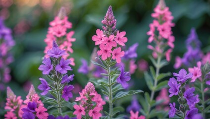Fototapeta premium Pink, purple, violet flowers of verbena on green foliage background with empty copy space for text