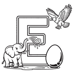 Alphabet Letter E with Eagle and Egg – Soaring Bird and Nature-Inspired Line Art Alphabet for Curious Learners