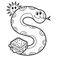 Alphabet Letter S with Sun, Snake, and Sandwich – Sunny and Slithery Line Art Alphabet Illustration for Early Learning Fun