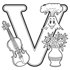 Alphabet Letter V with Violin and Vase – Elegant Musical and Floral Line Art Alphabet Illustration for Kids Learning Letters