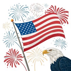 American Pride Eagle, Flag and Fireworks Illustration, Independence, Patriotic