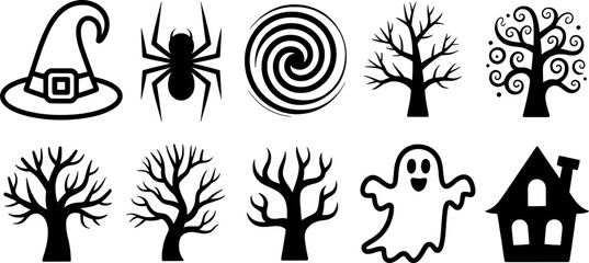 Halloween icons spooky silhouettes witch hat spider trees ghost house