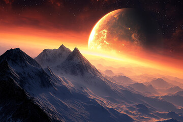 Planet earth art featuring mountain at sunset light