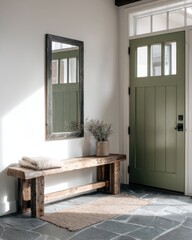 Rustic wooden bench and sage green door in a hallway.