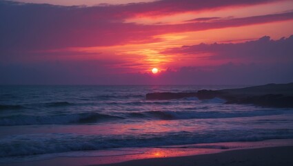Fototapeta premium Sunset in a colourful light over the ocean with waves.