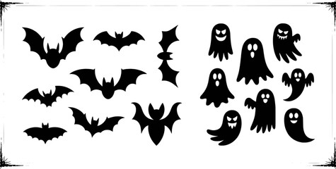 Halloween bats ghosts silhouettes spooky cute clipart