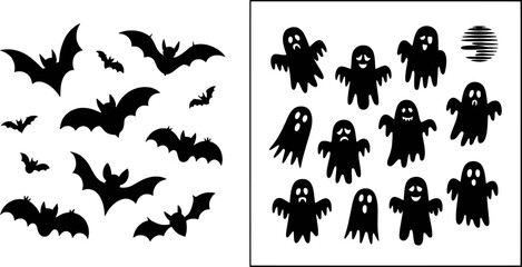 Halloween bats and ghosts silhouettes clipart
