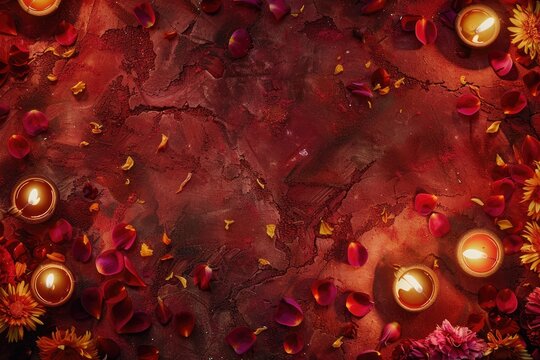 Colorful Happy Diwali festival backdrop with bokeh lights, oil lamp, flower on red background Diwali composition on light background with Diwali decorations