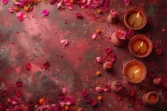 Colorful Happy Diwali festival backdrop with bokeh lights, oil lamp, flower on red background Diwali composition on light background with Diwali decorations