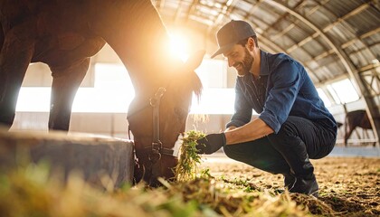 Man feeding horse with fresh hay in stable at sunset, focusing on gentle interaction between human and animal
