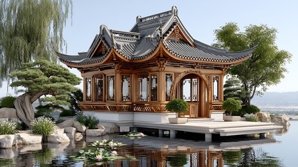 Obraz premium Serene water pavilion with curved wooden roof and peaceful reflections in pond high resolution image