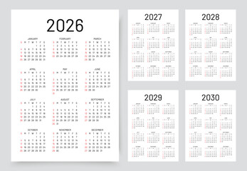 Calendar for 2026, 2027, 2028, 2029, 2030 years. Calender template. Week starts Sunday. Planner with 12 month in English. Portrait orientation. Simple organizer. Scheduler layout. Vector illustration