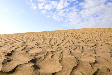 Hot, sunlit sand with natural wavy patterns resembling small dunes on wild, untouched beach. Calm and clear blue sky background with copy space for product placement – summer coastal scene.