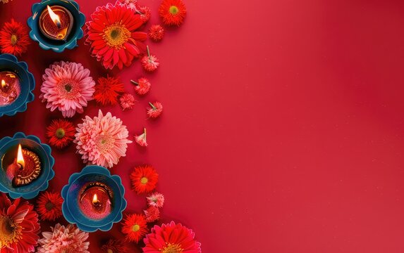 Colorful Happy Diwali festival backdrop with bokeh lights, oil lamp, flower on red background Diwali composition on light background with Diwali decorations