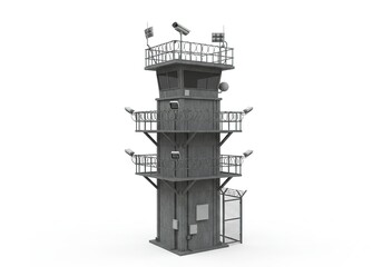 Gray security tower with multiple levels and surveillance cameras