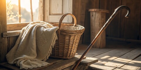 Rustic Still Life Basket, Blanket and Cane by Window, Countryside , Cabincore