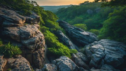 Scenic view of rugged rocks amidst lush greenery in a vibrant natural setting during daytime with empty copy space for text
