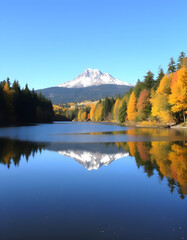 Fototapeta premium The vibrant fall foliage mirrors in the serene waters of Borst Lake, historically called Snoqualmie Mill Pond, while majestic Mount Si towers under a brilliant blue sky., vintage. with white shades