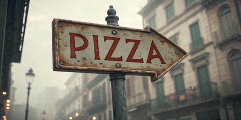 Obraz premium Rustic Pizza Sign Arrow pointing the way in old town, Italy , Street food