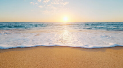 Serene sunset over tranquil beach with gentle waves and soft golden light